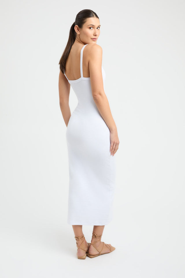 front Dayton Dress Kookai Bodycon Midi Fitted Scoopneck white womens-dresses 