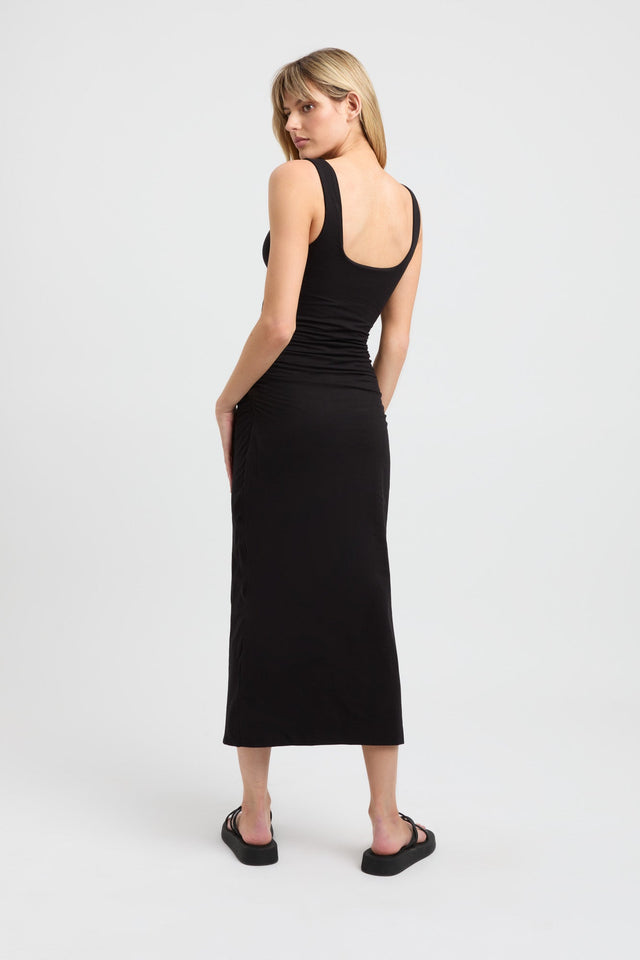 front Brittney Deep Vee Dress Kookai Bodycon Midi Fitted V-neck black womens-dresses 