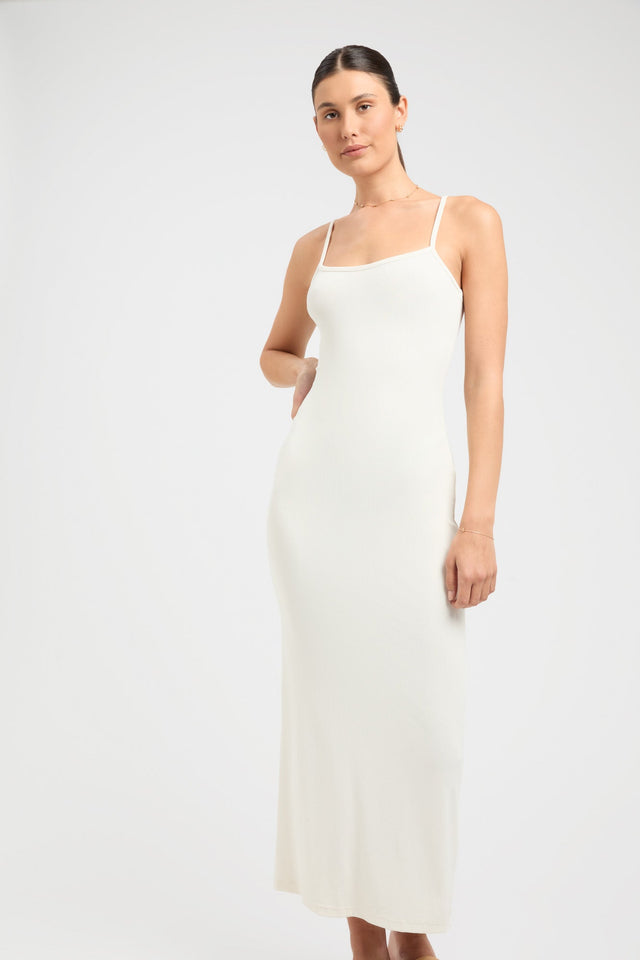 front Layla Long Dress Kookai Straight Midi Fitted Squareneck white womens-dresses 