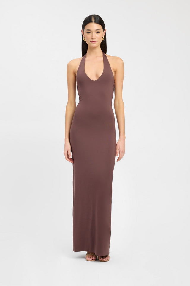 product Stella Halter Maxi Dress Kookai Bodycon Maxi Fitted Plungeneck brown womens-dresses 